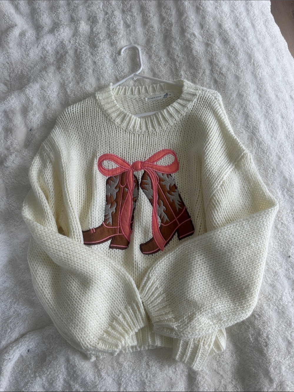 Altar'd State Cream Sweater with Pink Bow & Brown Boot Graphic